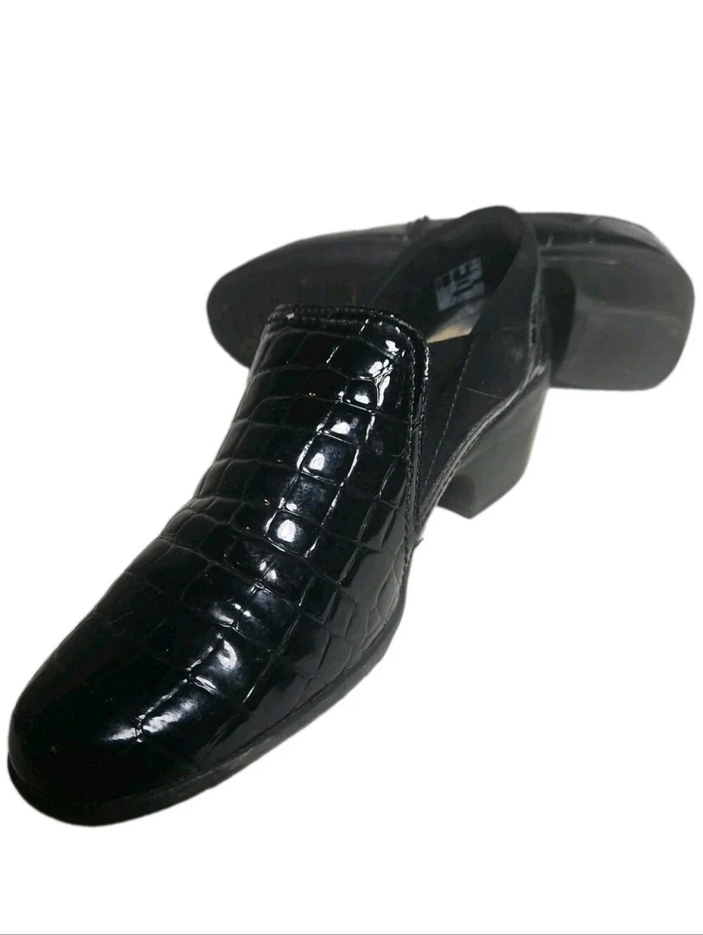 Clarks Women Size 8 M Black Croc Patent Leather Wedge SlipOn Loafer May Poppy[8A